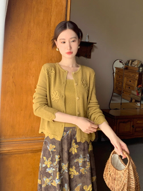 フラワー刺繍ニットカーディガン＆キャミソールセット(2color)