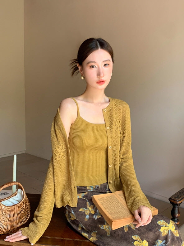 フラワー刺繍ニットカーディガン＆キャミソールセット(2color)