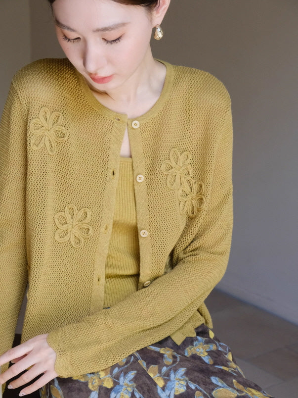 フラワー刺繍ニットカーディガン＆キャミソールセット(2color)