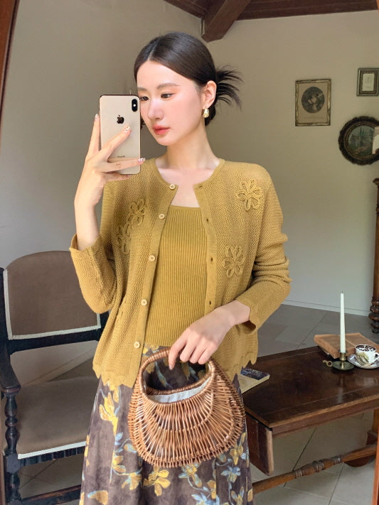 フラワー刺繍ニットカーディガン＆キャミソールセット(2color)