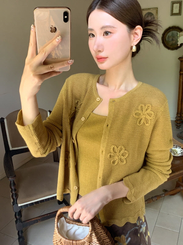 フラワー刺繍ニットカーディガン＆キャミソールセット(2color)