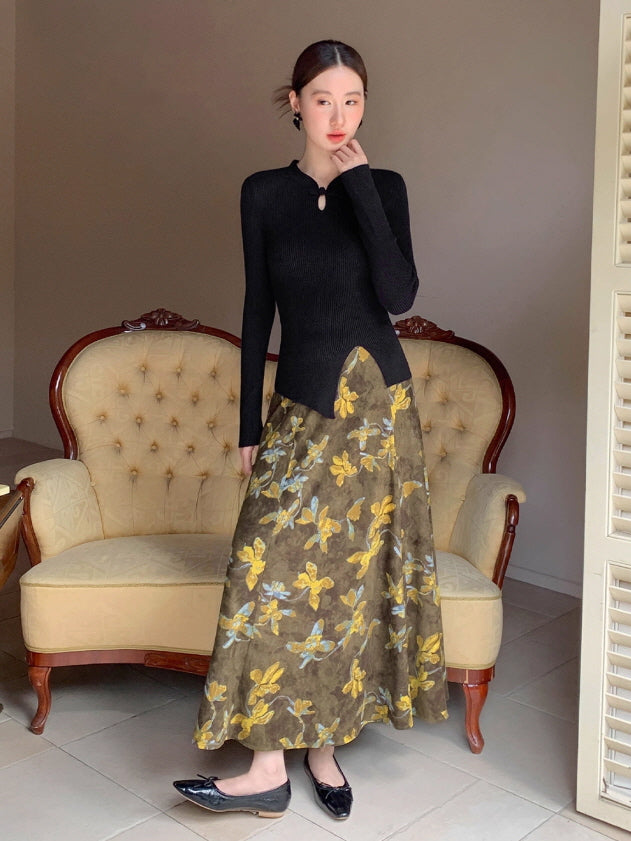 ヴィンテージ フラワー ブラウンフレアスカート