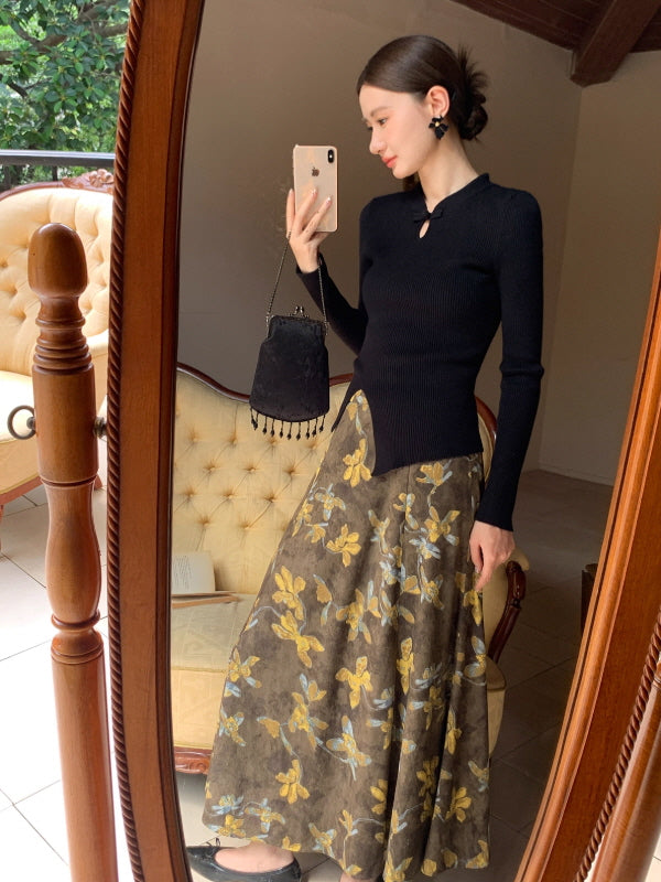 ヴィンテージ フラワー ブラウンフレアスカート