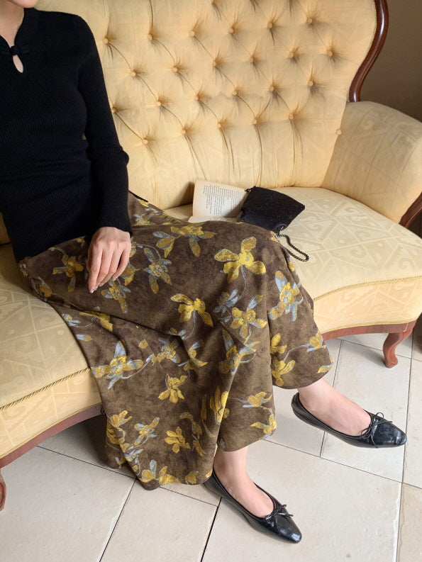 ヴィンテージ フラワー ブラウンフレアスカート