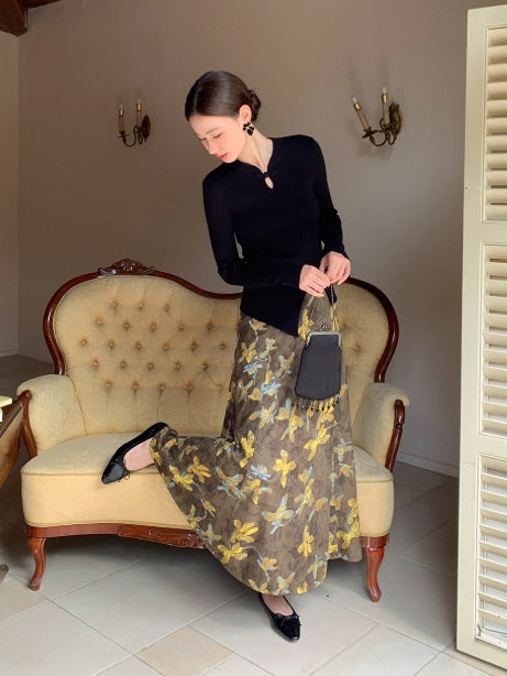 ヴィンテージ フラワー ブラウンフレアスカート