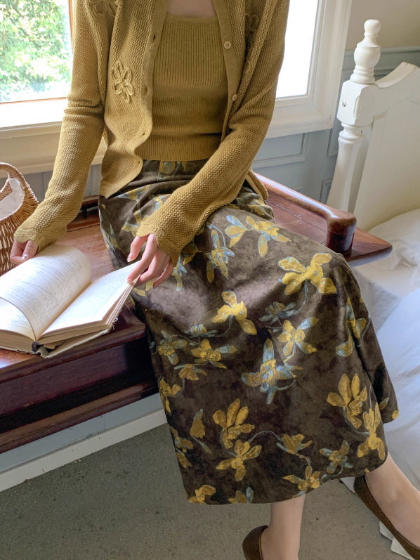 ヴィンテージ フラワー ブラウンフレアスカート