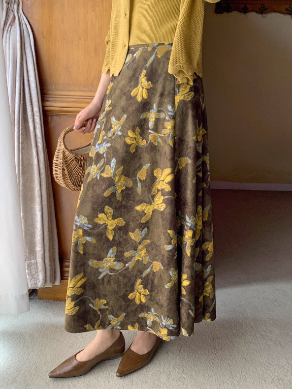 ヴィンテージ フラワー ブラウンフレアスカート