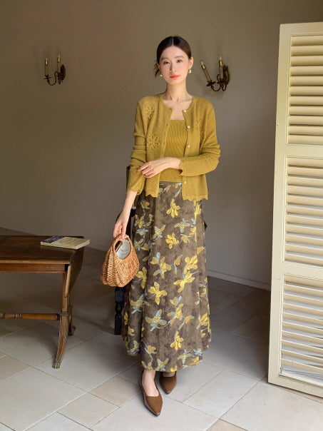 ヴィンテージ フラワー ブラウンフレアスカート