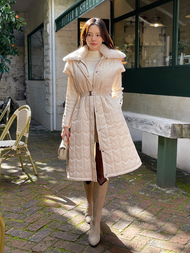 エレガント キルティングファー ロングベストコート(2color)