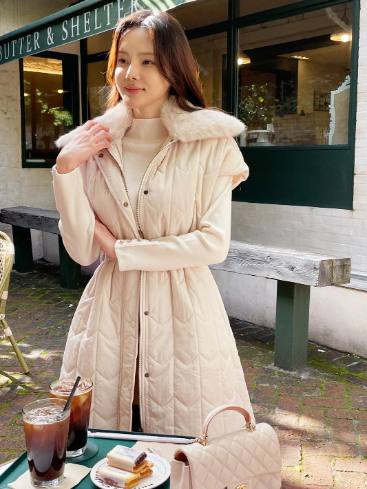 エレガント キルティングファー ロングベストコート(2color)