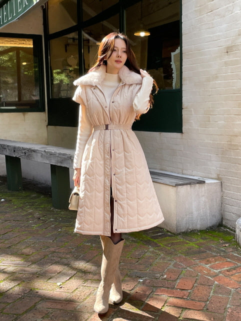 エレガント キルティングファー ロングベストコート(2color)