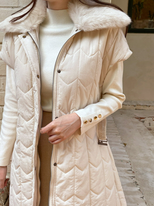 エレガント キルティングファー ロングベストコート(2color)