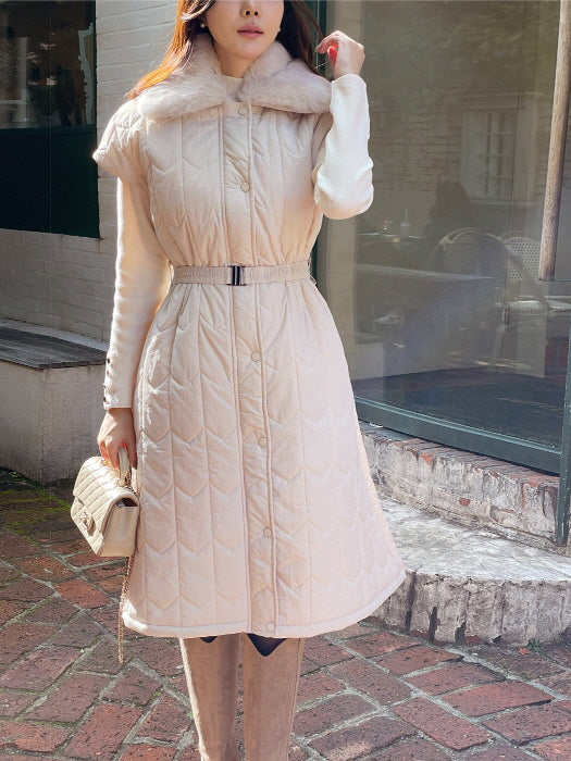 エレガント キルティングファー ロングベストコート(2color)