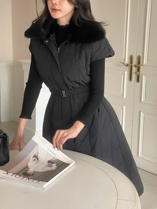 エレガント キルティングファー ロングベストコート(2color)