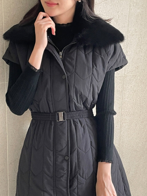 エレガント キルティングファー ロングベストコート(2color)