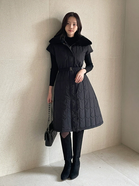 エレガント キルティングファー ロングベストコート(2color)