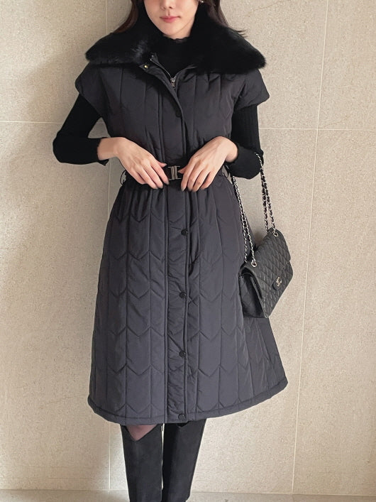 エレガント キルティングファー ロングベストコート(2color)