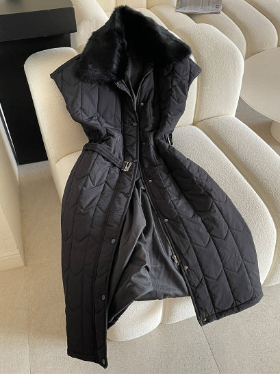 エレガント キルティングファー ロングベストコート(2color)