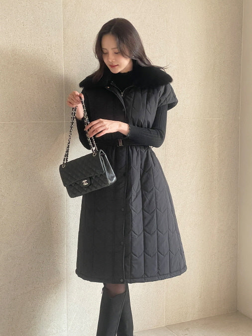 エレガント キルティングファー ロングベストコート(2color)