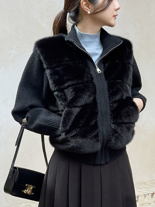 ハイネック ミンクファー ニットジップアップ(2color)