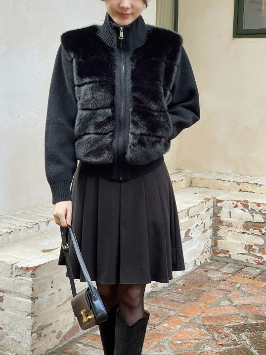 ハイネック ミンクファー ニットジップアップ(2color)