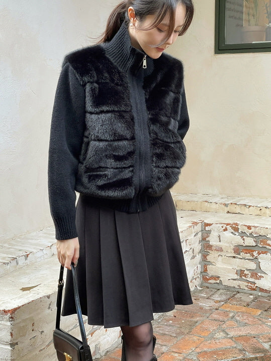 ハイネック ミンクファー ニットジップアップ(2color)