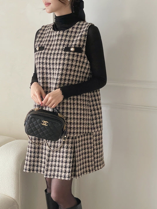 ツイードプリーツ ミニワンピース