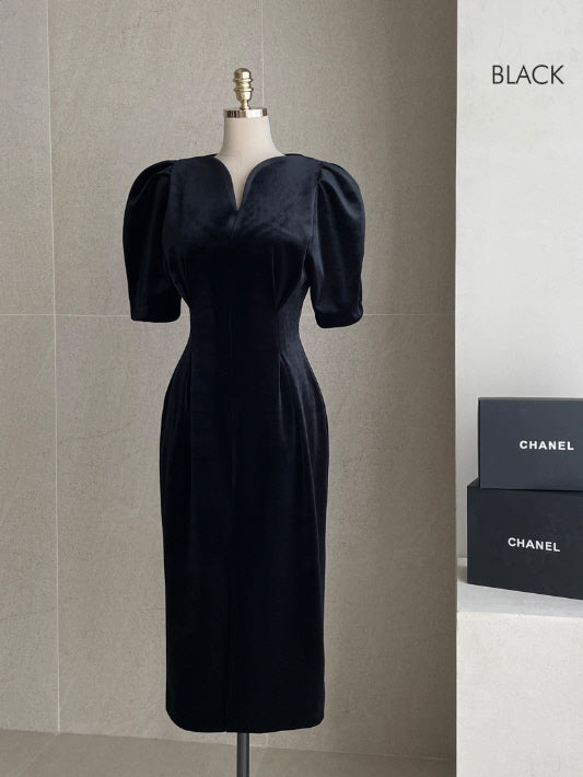 エレガントベルベット・パフスリーブミディドレス