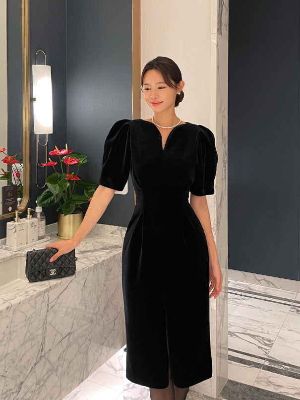 エレガントベルベット・パフスリーブミディドレス