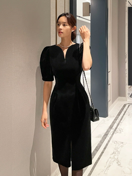 エレガントベルベット・パフスリーブミディドレス