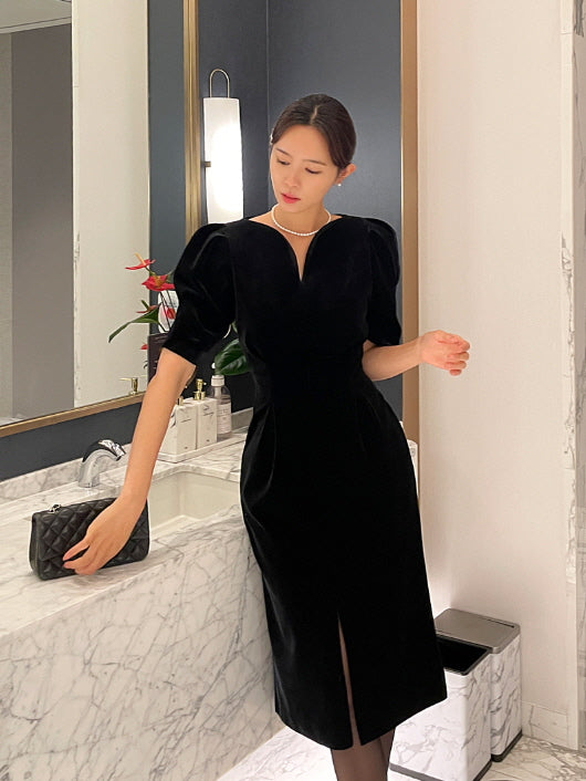 エレガントベルベット・パフスリーブミディドレス