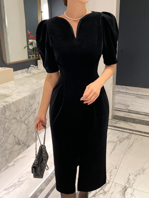 エレガントベルベット・パフスリーブミディドレス