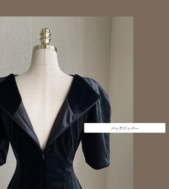 エレガントベルベット・パフスリーブミディドレス