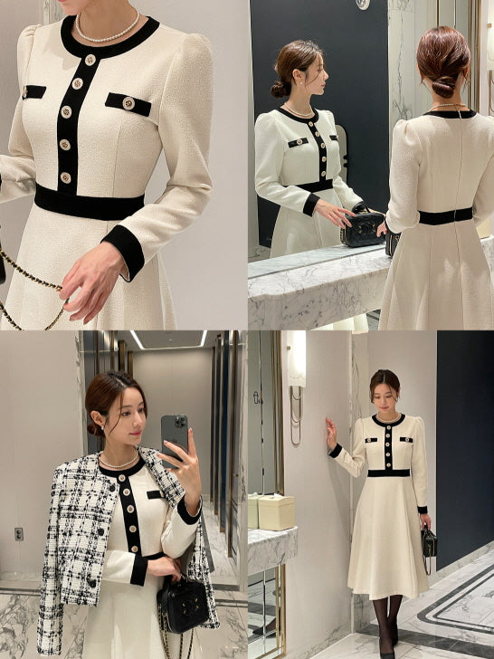 クラシック配色ボタンミディドレス(2color)