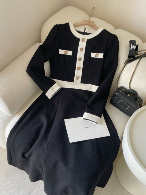 クラシック配色ボタンミディドレス(2color)