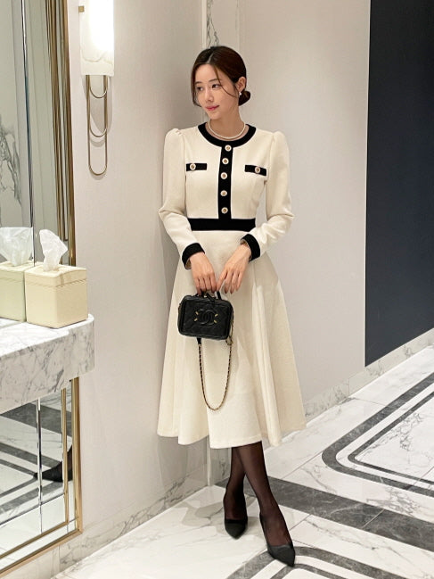 クラシック配色ボタンミディドレス(2color)