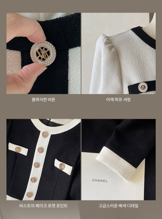 クラシック配色ボタンミディドレス(2color)