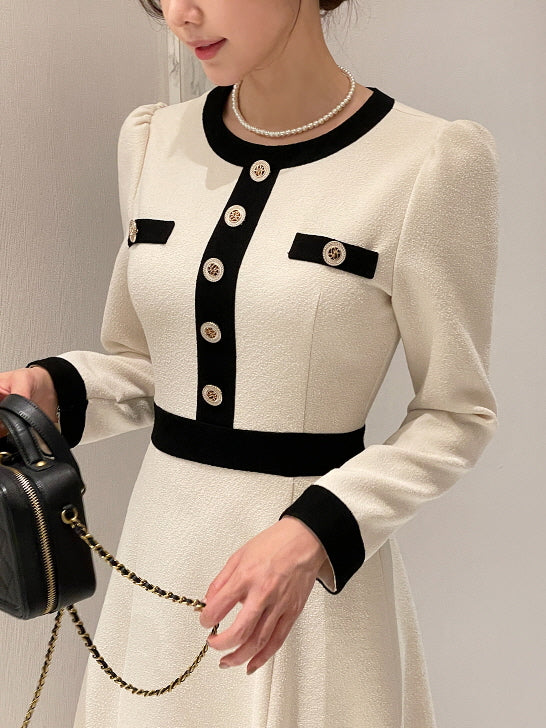 クラシック配色ボタンミディドレス(2color)