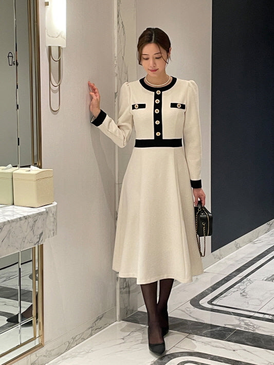 クラシック配色ボタンミディドレス(2color)
