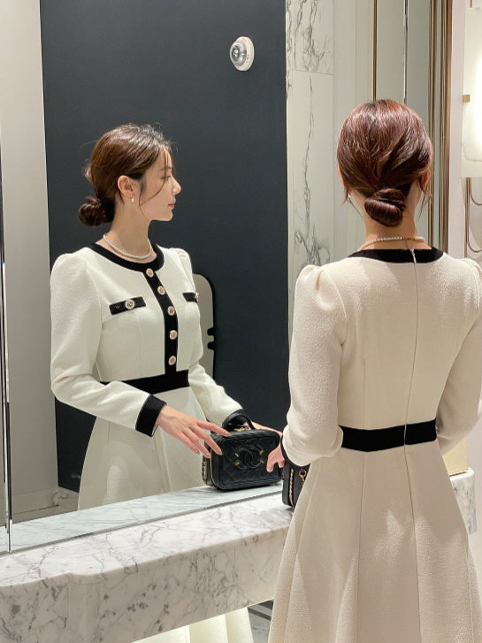 クラシック配色ボタンミディドレス(2color)