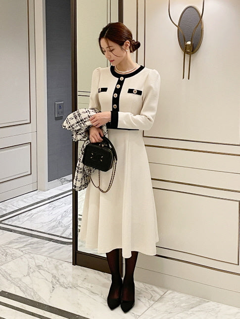 クラシック配色ボタンミディドレス(2color)