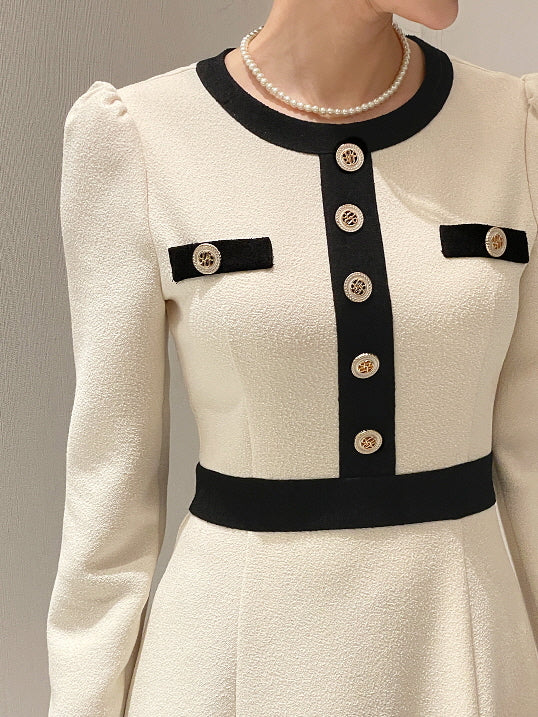 クラシック配色ボタンミディドレス(2color)