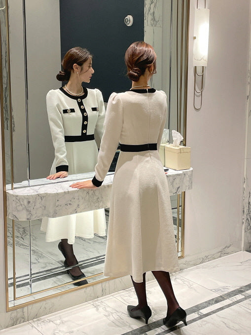 クラシック配色ボタンミディドレス(2color)