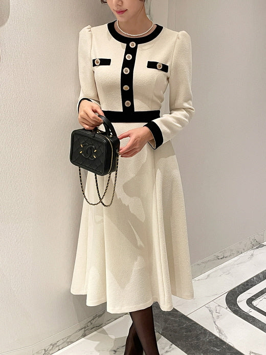 クラシック配色ボタンミディドレス(2color)