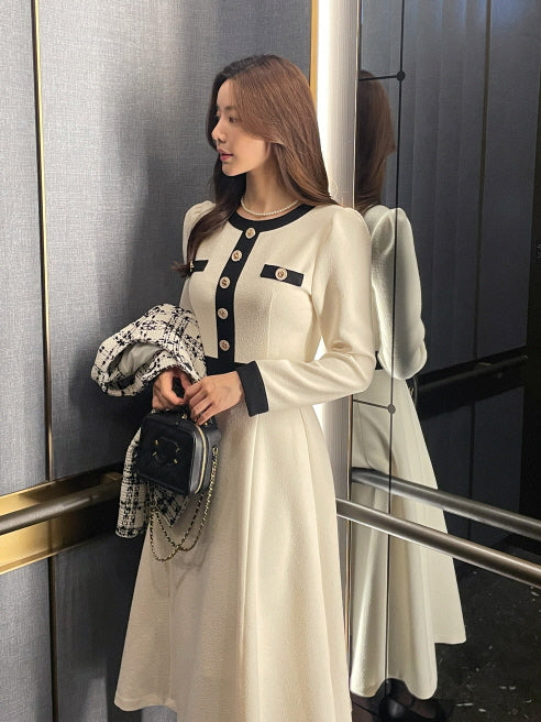 クラシック配色ボタンミディドレス(2color)