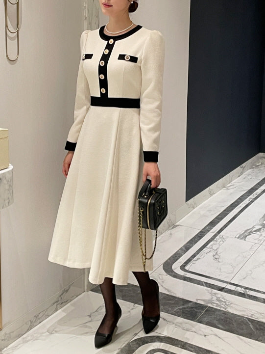 クラシック配色ボタンミディドレス(2color)