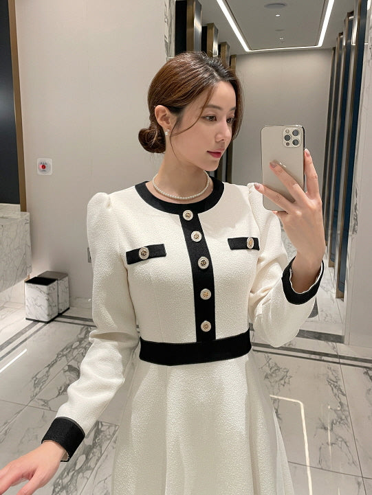 クラシック配色ボタンミディドレス(2color)