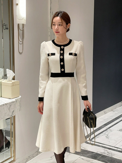 クラシック配色ボタンミディドレス(2color)