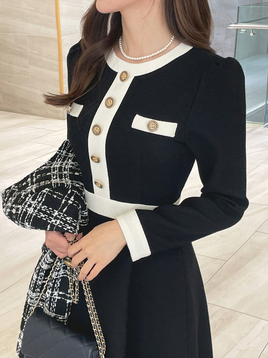 クラシック配色ボタンミディドレス(2color)