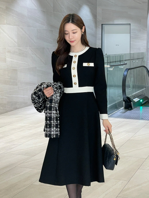 クラシック配色ボタンミディドレス(2color)